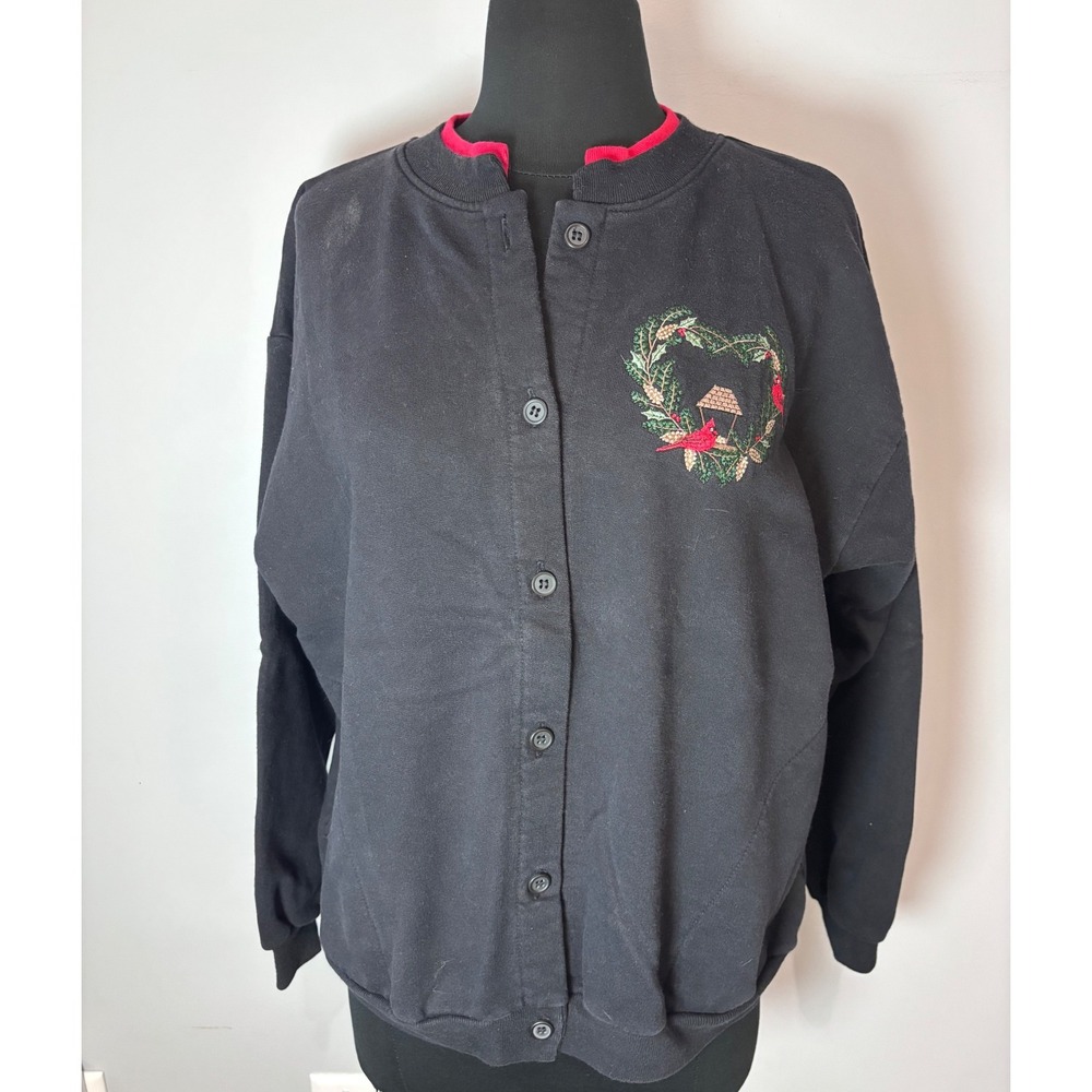 Artisans Sunschein Designs VTG Black Cardinal Holiday Embroidered Cardigan‎